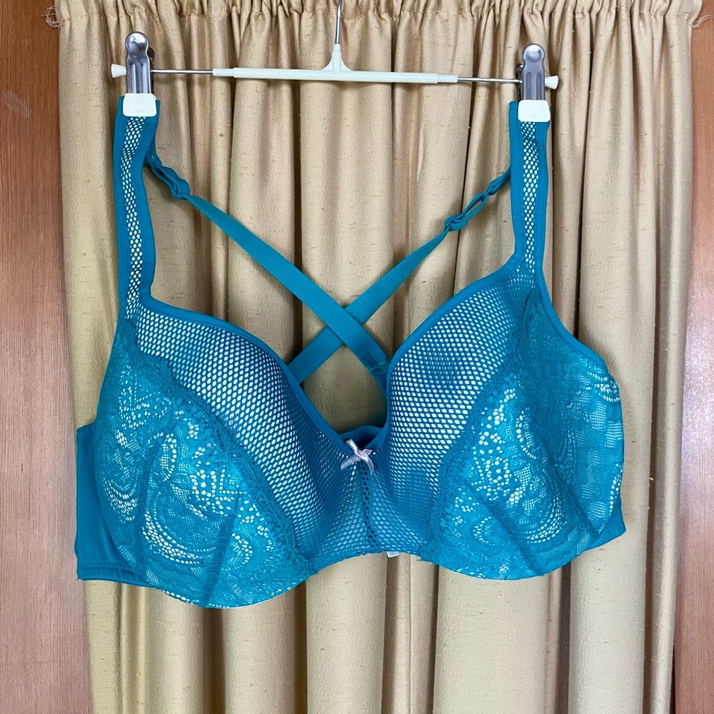42D Cacique Elegant Teal Green Lace Bra X back.